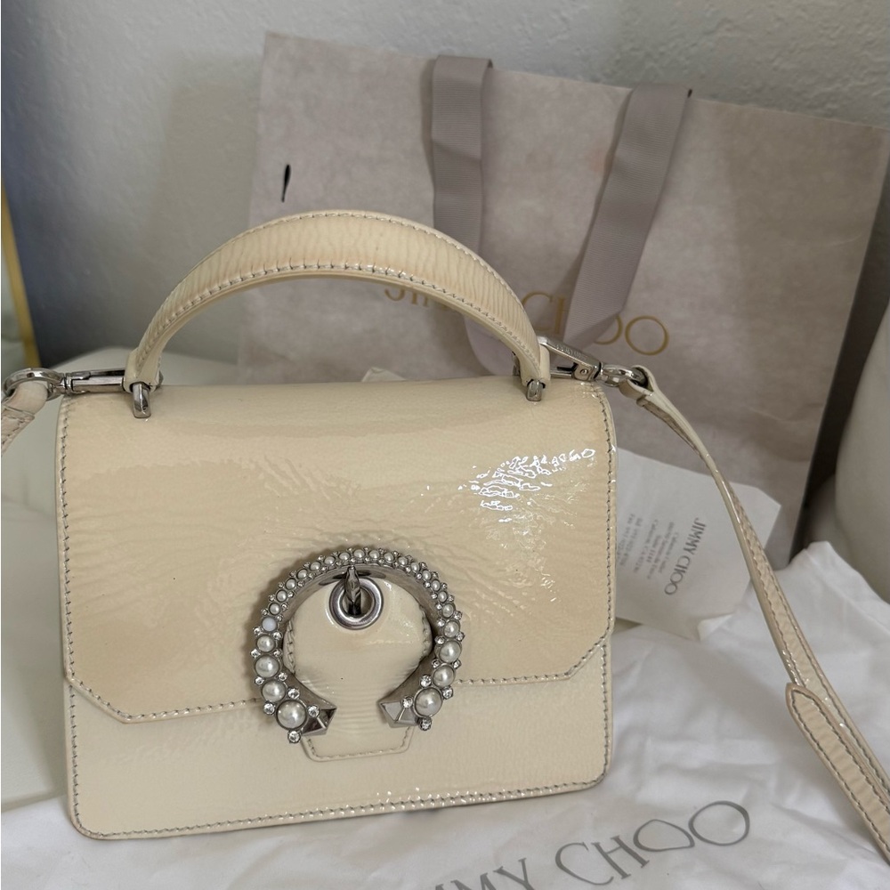 Jimmy Choo Cream Patent Top-Handle Satchel with Pearl & Crystal Hardware